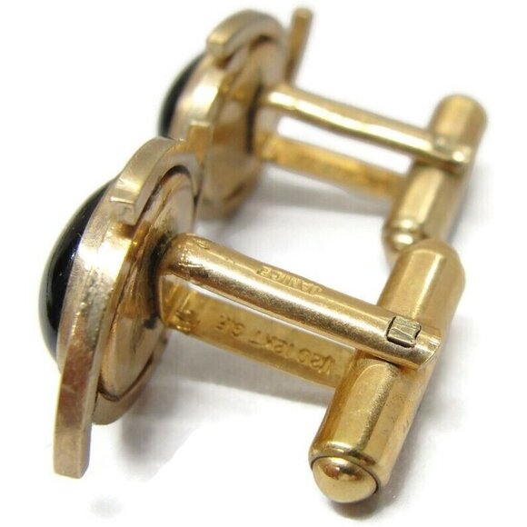Vintage Cufflinks 1/20 12K Gold Filled Black Onyx Swept Design Signed Janice - Picture 4 of 10